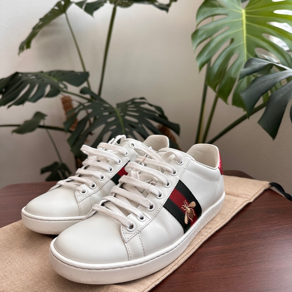 Gucci White Sneakers with Red and Green Accents